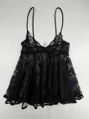 Vintage‎ Y2K Black Floral Lace Babydoll Chemise Slip Dress Nightgown Lingerie L